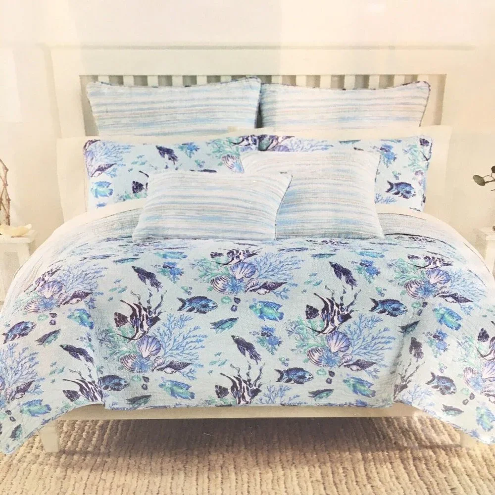 3 pc Nicole Miller Ocean FULL QUEEN Quilt Sham Set Tropical Fish Seashell Blue